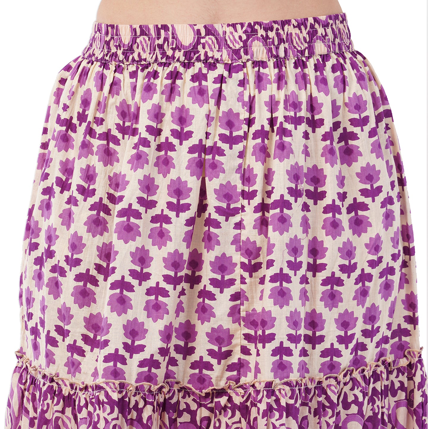 Rabhika Purple Floral Pure Cotton Tiered Maxi Skirt