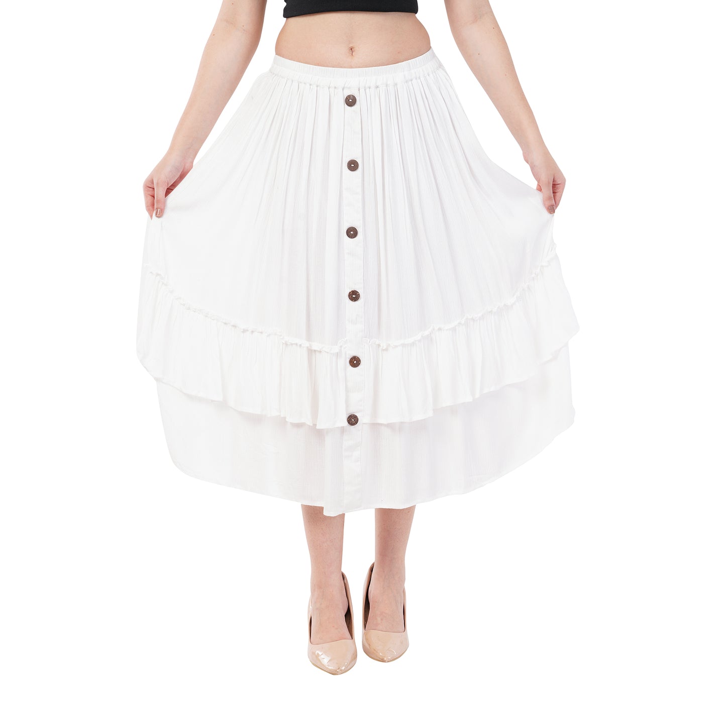 Rabhika Premium Rayon Crepe White Skirt with Button Detailing & side pocket
