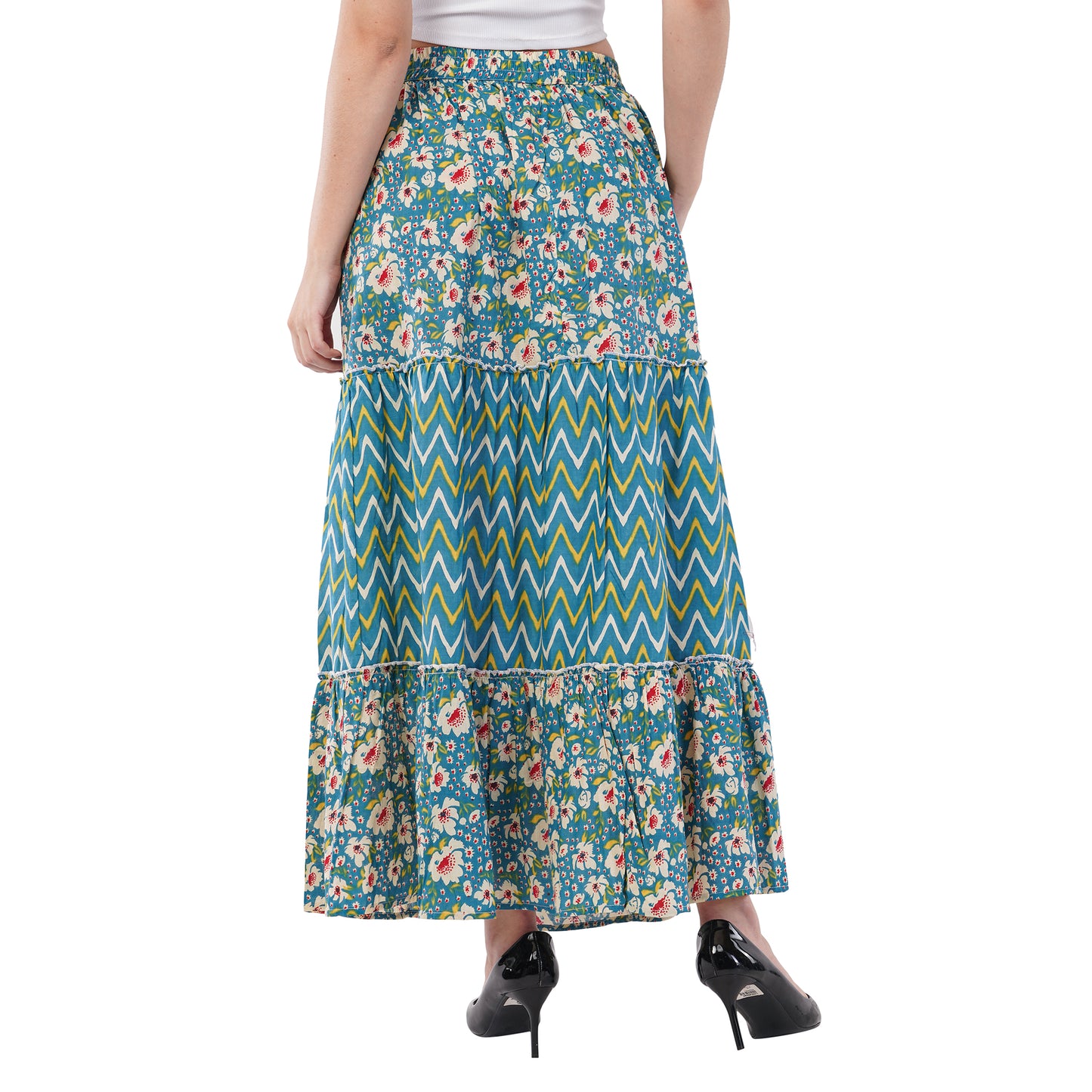 Rabhika Blue Floral Pure Cotton Tiered Maxi Skirt