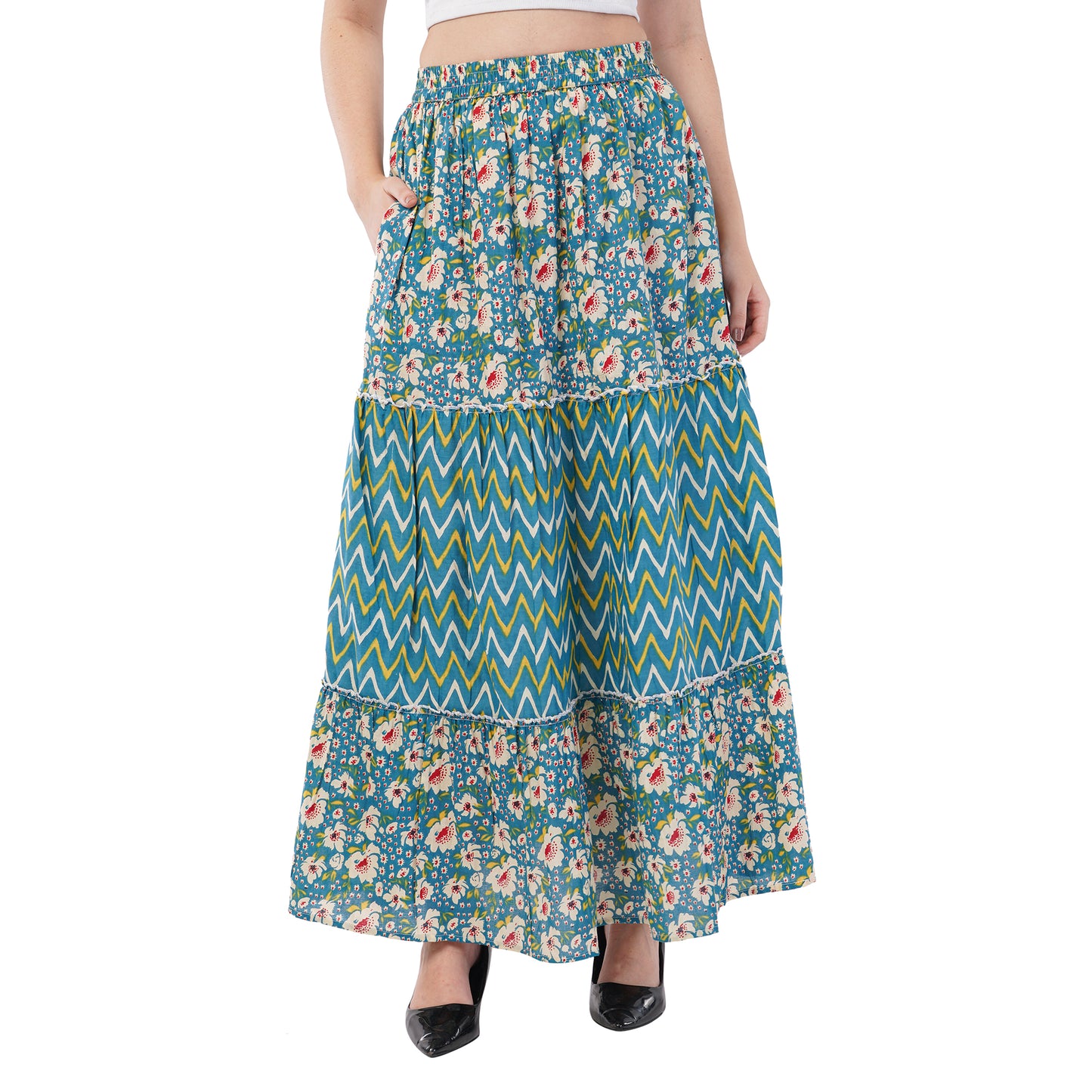 Rabhika Blue Floral Pure Cotton Tiered Maxi Skirt