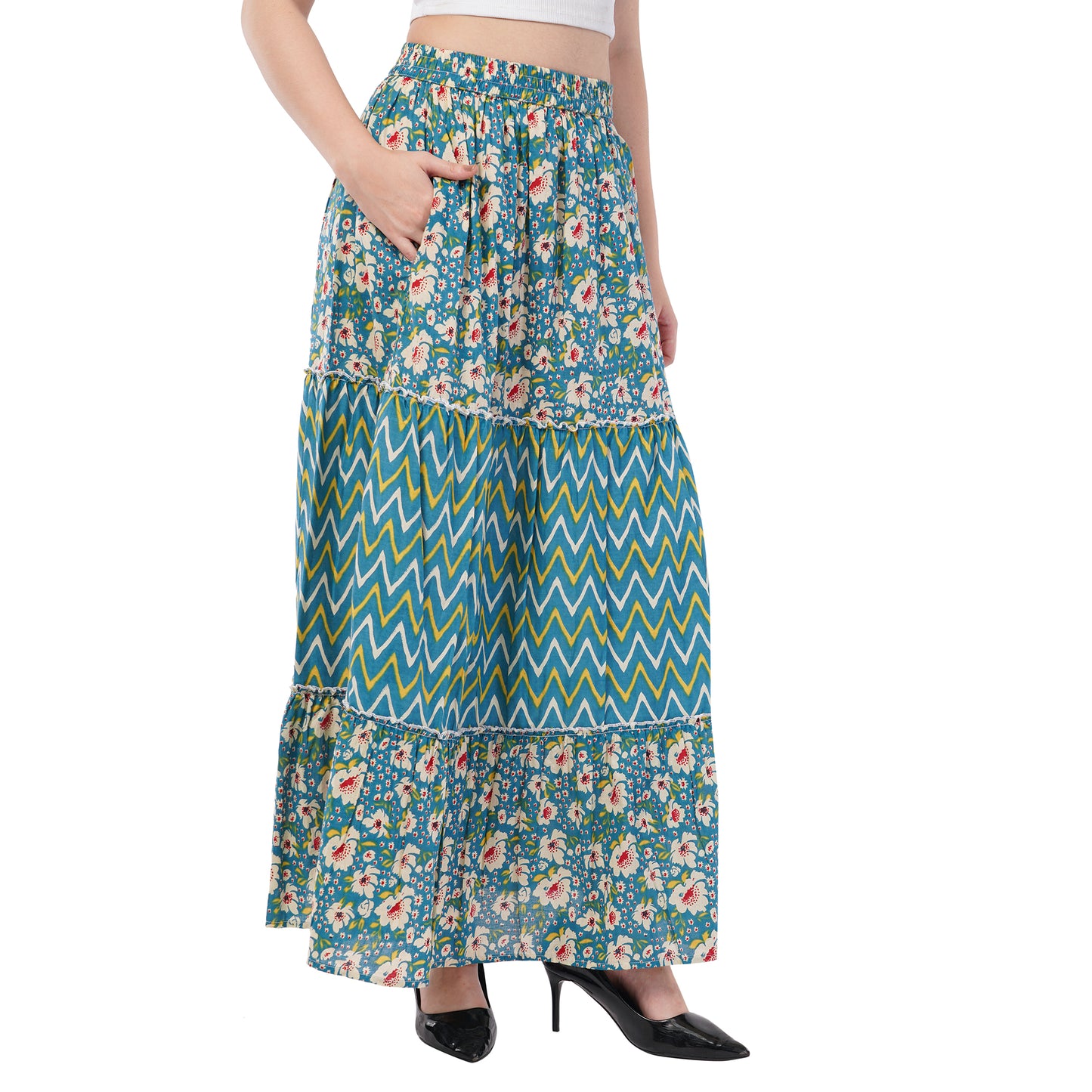 Rabhika Blue Floral Pure Cotton Tiered Maxi Skirt