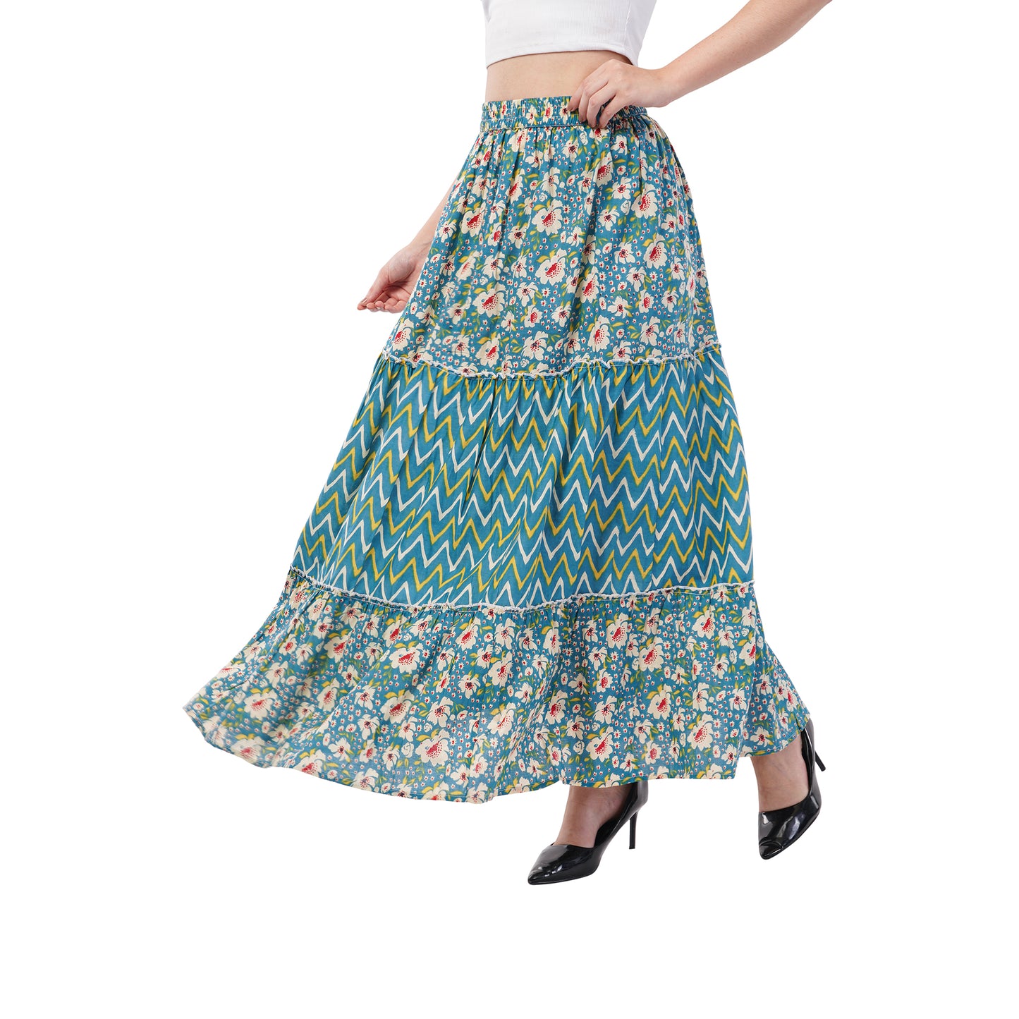 Rabhika Blue Floral Pure Cotton Tiered Maxi Skirt
