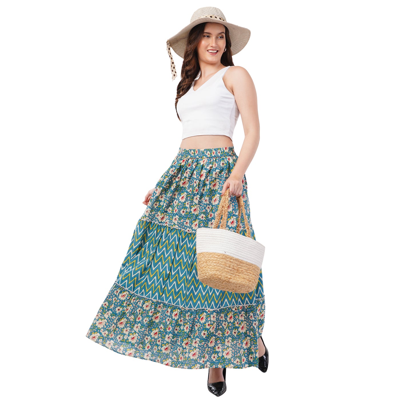 Rabhika Blue Floral Pure Cotton Tiered Maxi Skirt