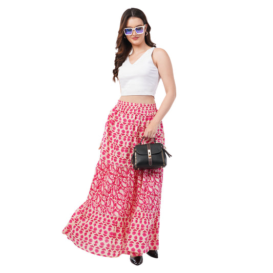 Rabhika Pink Floral Pure Cotton Tiered Maxi Skirt