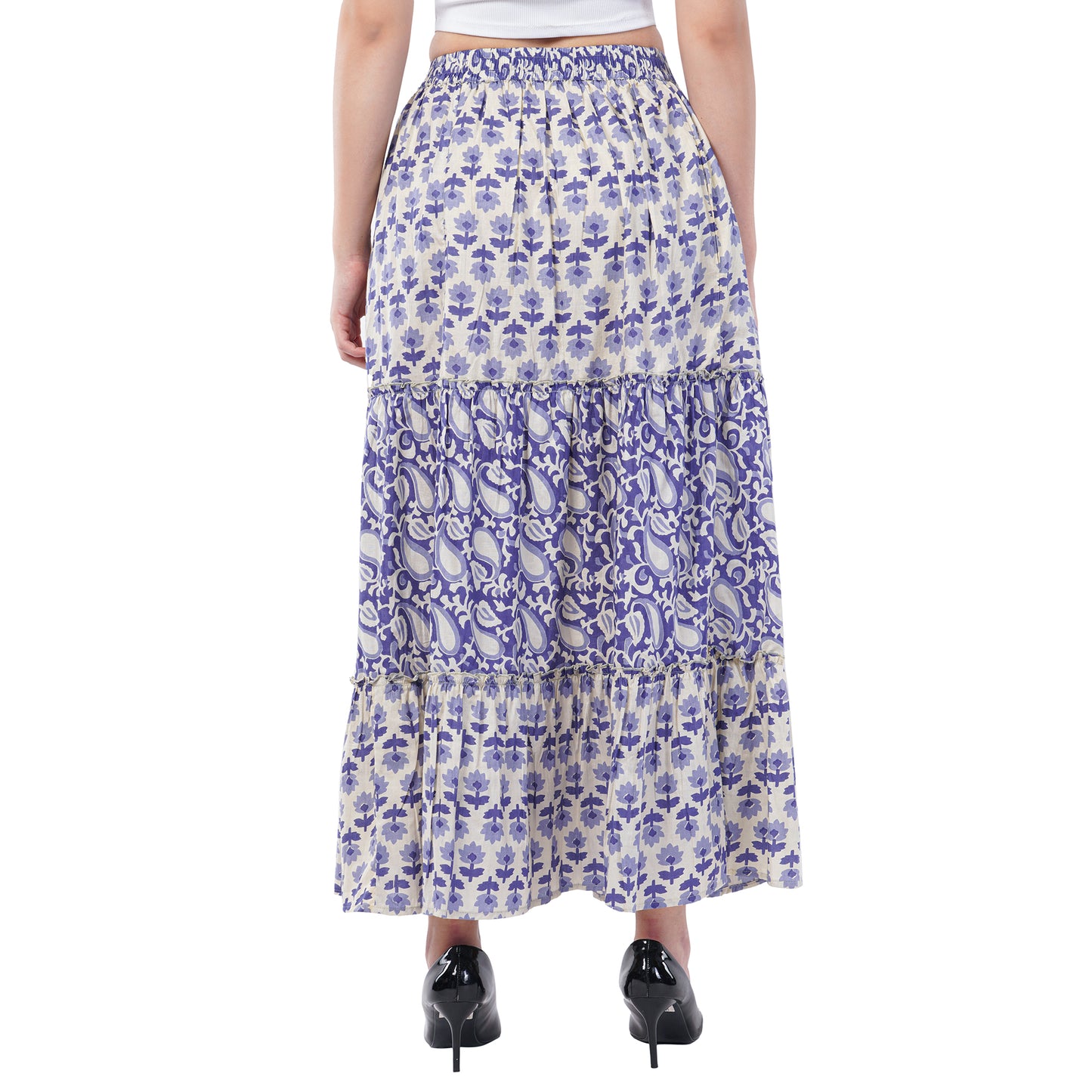 Rabhika Pale Blue Floral Pure Cotton Tiered Maxi Skirt