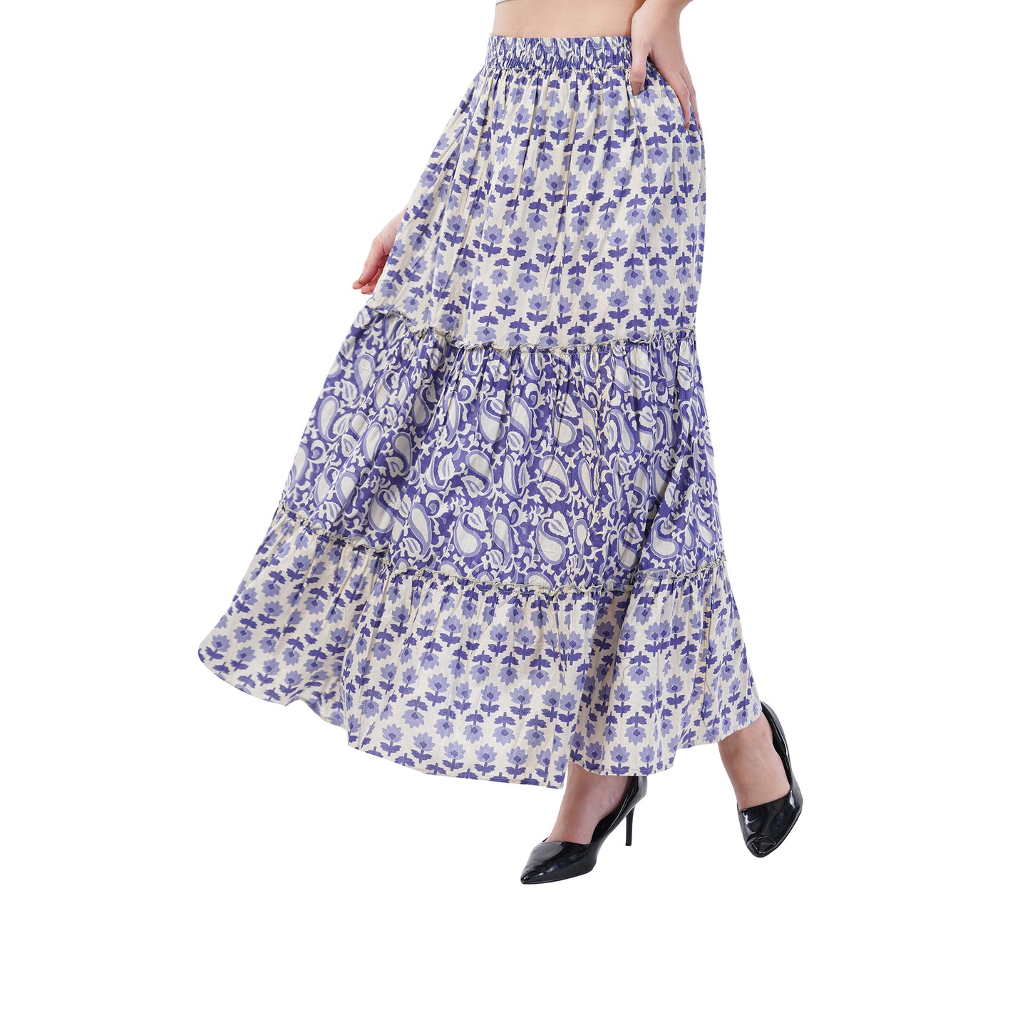 Rabhika Pale Blue Floral Pure Cotton Tiered Maxi Skirt