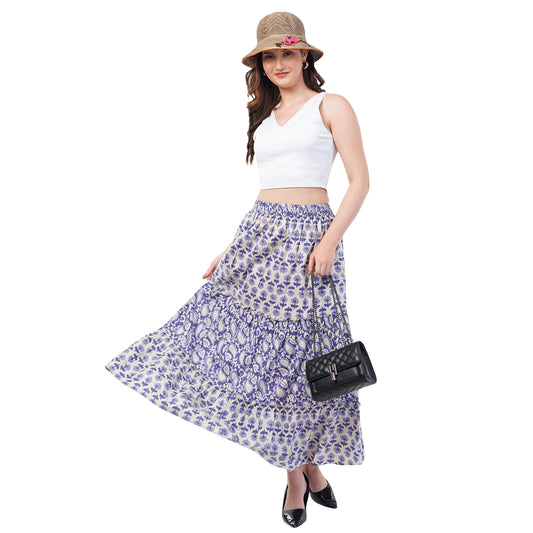 Rabhika Pale Blue Floral Pure Cotton Tiered Maxi Skirt