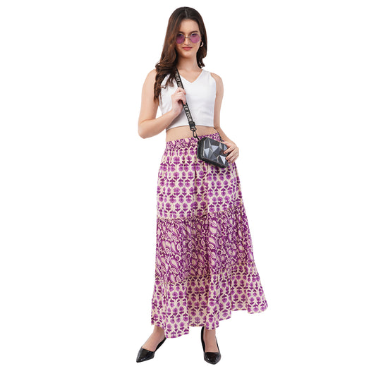 Rabhika Purple Floral Pure Cotton Tiered Maxi Skirt