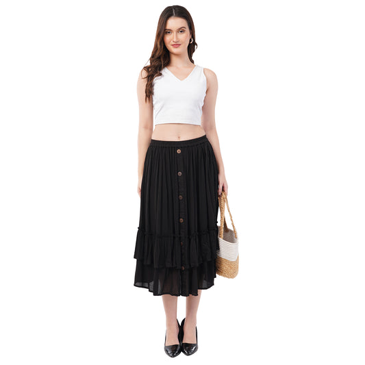 Rabhika Premium Rayon Crepe Black Skirt with Button Detailing & side pocket