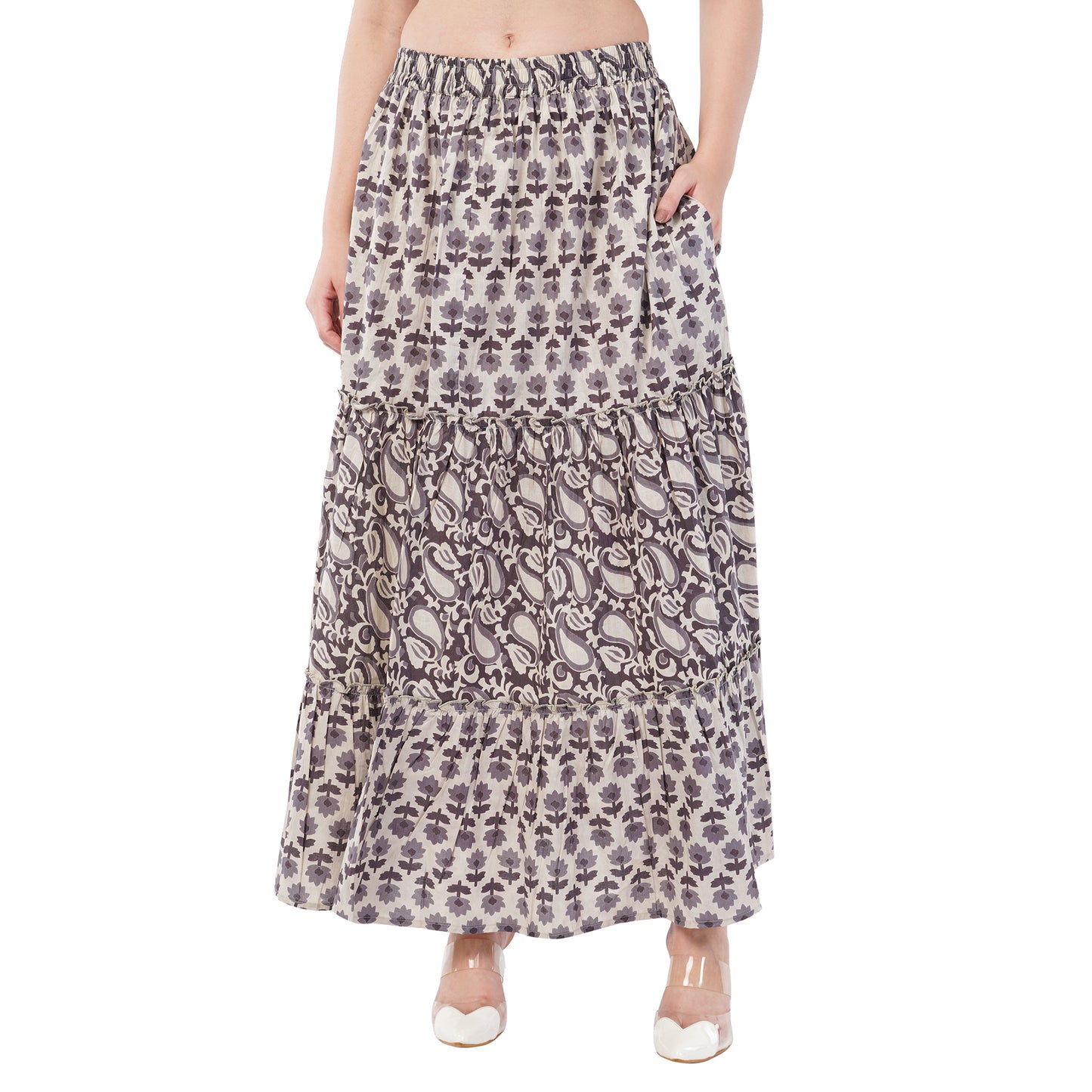 Rabhika Floral Pure Cotton Tiered Maxi Skirt