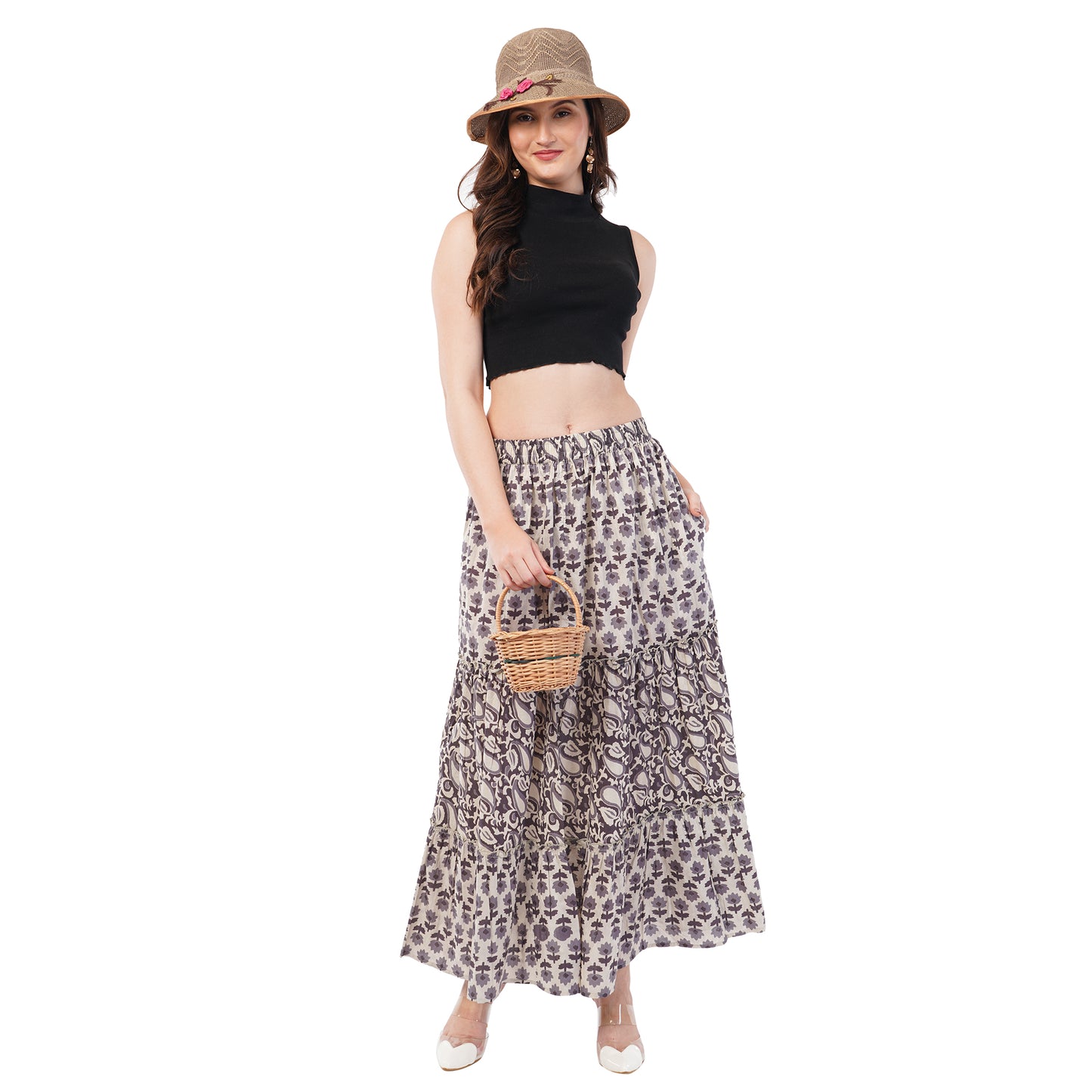Rabhika Floral Pure Cotton Tiered Maxi Skirt