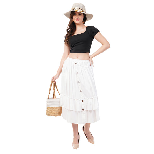 Rabhika Premium Rayon Crepe White Skirt with Button Detailing & side pocket